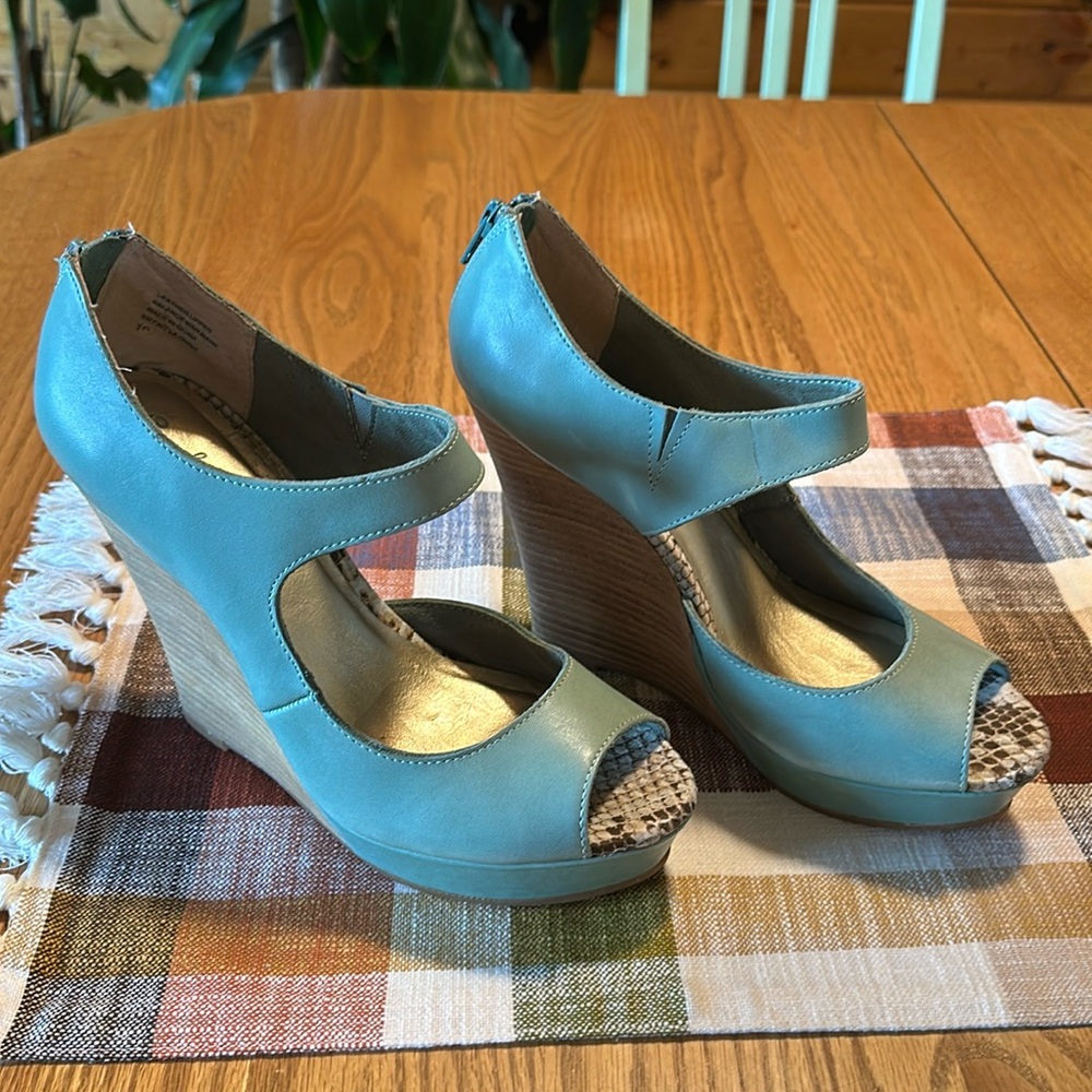 Seychelles light teal wedges